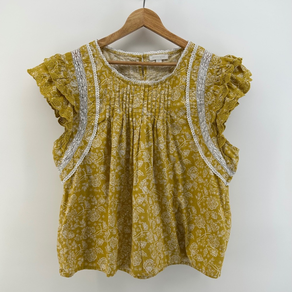 Jennifer & Grace Floral Blouse Womens XL Yellow Lace Ruffle Pintuck Cottagecore